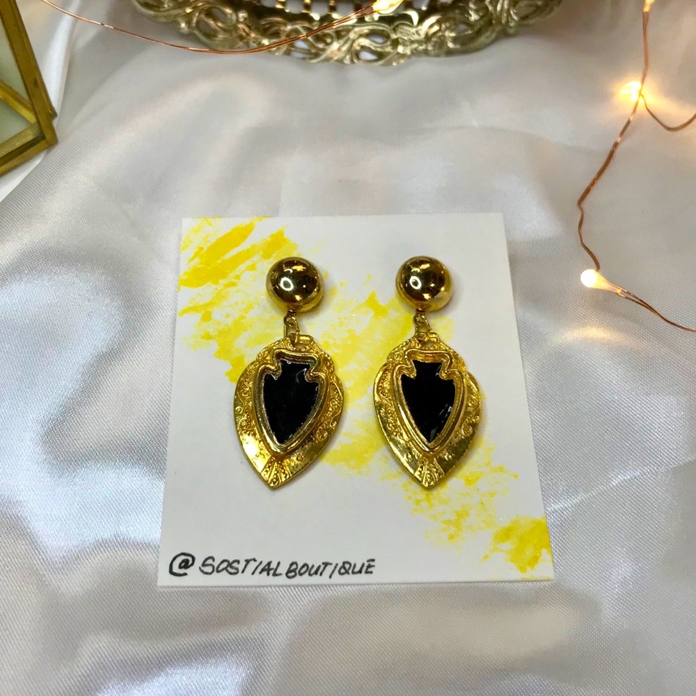 Vintage Black Coral Metal Gold Drop Earrings.